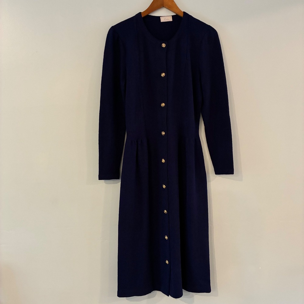 Kaia Knit Dress Navy Blue Gold Filigree Buttons Midi Old Money Classic Preppy